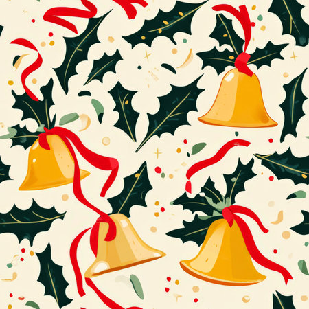 A cheerful Christmas ornament pattern with golden bells, mistletoe, and red ribbonsの素材