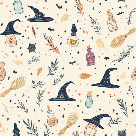 A whimsical witch pattern with flying broomsticks, pointy hats, and potion bottlesの素材