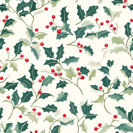 A charming mistletoe and holly berry pattern with delicate leaves and festive red berriesの素材