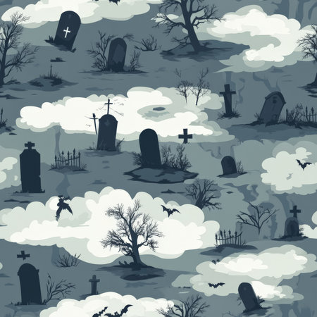 A haunted graveyard pattern with tombstones, fog, and wandering spiritsの素材