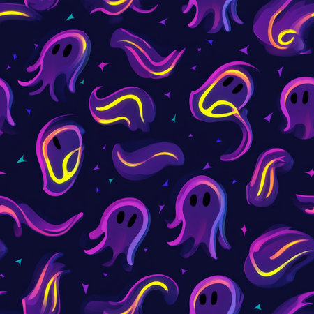 A neon ghost pattern with glowing spectral shapes on a dark purple backgroundの素材