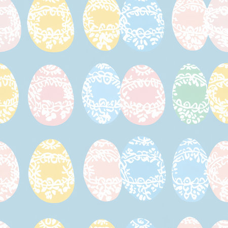 A charming Easter egg and lace pattern with delicate white lacework over soft pastel eggsの素材