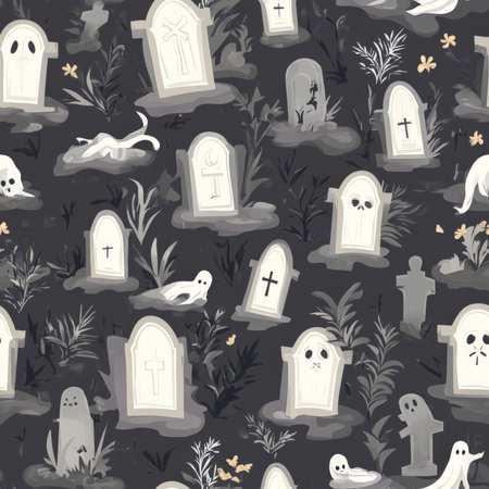 A haunted graveyard pattern with tombstones, fog, and wandering spiritsの素材