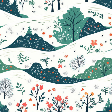 A detailed seasonal nature cycle pattern with blooming flowers, green trees, falling leaves, and snowdriftsの素材