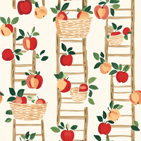 A cheerful apple orchard pattern with woven baskets, fresh apples, and wooden laddersの素材