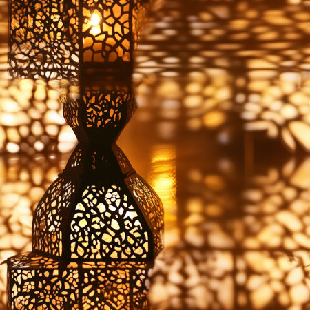 A Moroccan lantern pattern with intricate cut-out designs and flickering candlelightの素材