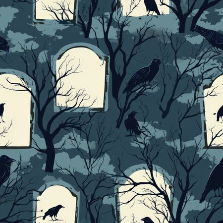 A spooky full moon graveyard pattern with tombstones, crows, and creeping fogの素材
