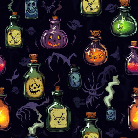 A Halloween potion bottle pattern with spooky glowing elixirs and eerie labelsの素材