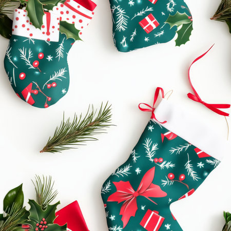 A cheerful Christmas stocking pattern with holly berries, tiny presents, and festive ribbonsの素材