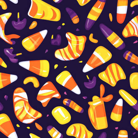A vibrant Halloween candy pattern with candy corn, lollipops, and gummy batsの素材