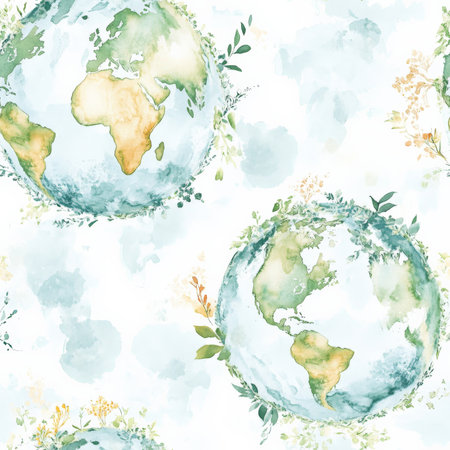 A dreamy rotating Earth pattern showing different seasons across the globe in soft watercolor huesの素材
