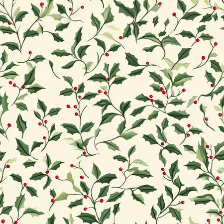 A charming mistletoe and holly berry pattern with delicate leaves and festive red berriesの素材