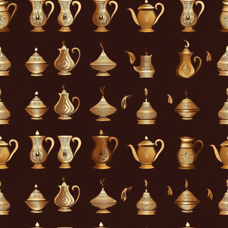 A traditional Arabic coffee pattern with golden coffee pots and decorative cupsの素材