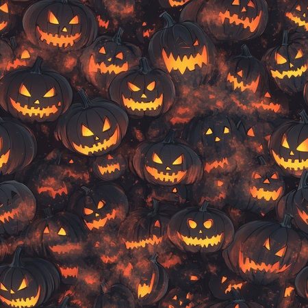 A creepy Halloween pumpkin pile pattern with glowing grins and eerie mistの素材