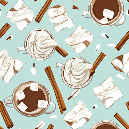 A cozy hot chocolate and marshmallow pattern with whipped cream and cinnamon sticksの素材