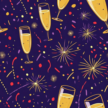 A festive New YearÃ¢â¬â¢s Eve pattern with fireworks, golden confetti, and sparkling champagne glassesの素材