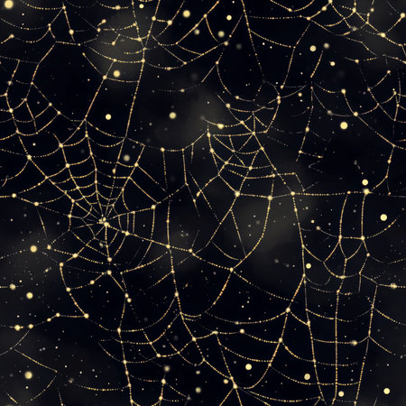A seamless spider web pattern with realistic textures and glowing dew dropsの素材