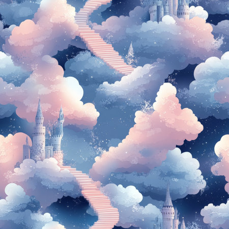 A fantasy cloud kingdom pattern where children build castles in the sky with fluffy walls and staircases of lightの素材