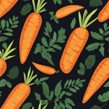 A festive carrot pattern with bright orange carrots and fresh green leaves, scattered playfullyの素材