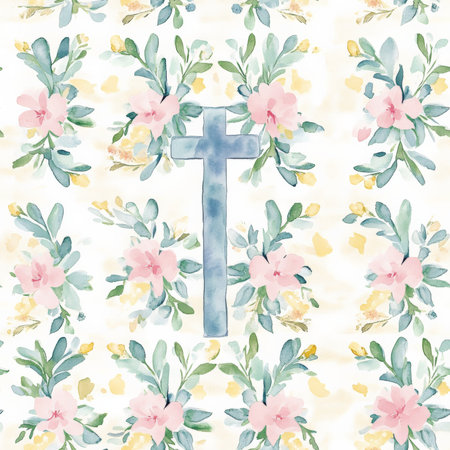 A traditional Easter cross pattern with delicate floral wreaths and soft watercolor texturesの素材