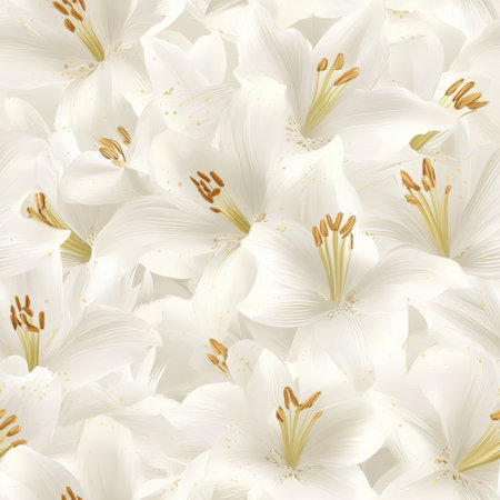A delicate lily pattern with soft white petals and golden stamens, representing Easter purityの素材
