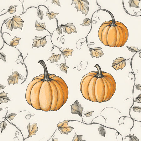 A hand-drawn pumpkin patch pattern with swirling vines and detailed harvest elementsの素材