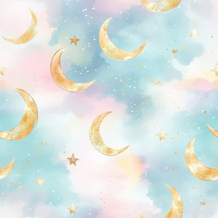 A soft pastel Ramadan sky pattern with golden moons and gentle watercolor gradientsの素材
