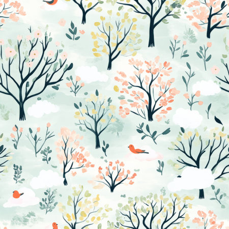 A soft watercolor-inspired spring forest pattern with tiny birds, budding trees, and fluffy white cloudsの素材