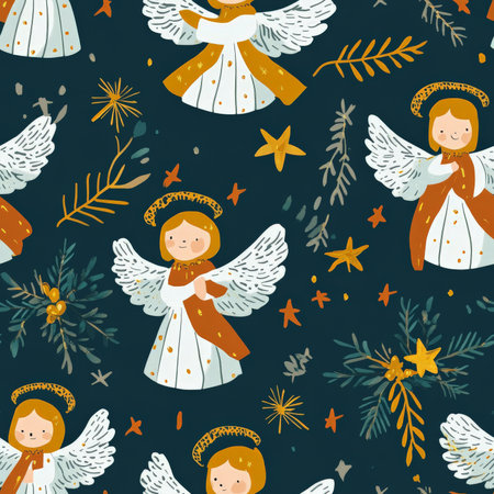 A whimsical Christmas angel pattern with golden halos, delicate wings, and festive robesの素材