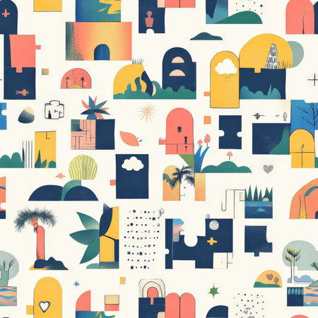 A fun puzzle box world pattern where kids solve floating puzzles to unlock new doors to adventureの素材