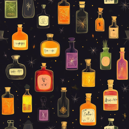 A Halloween potion bottle pattern with spooky glowing elixirs and eerie labelsの素材