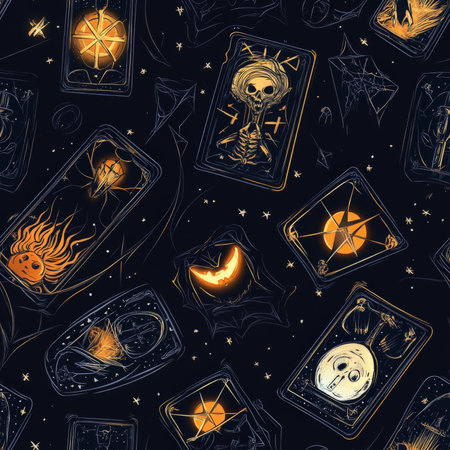 A mystical tarot card pattern with glowing runes and Halloween symbolsの素材