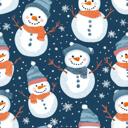 A playful snowman pattern with carrot noses, wool scarves, and twinkling frosty smilesの素材