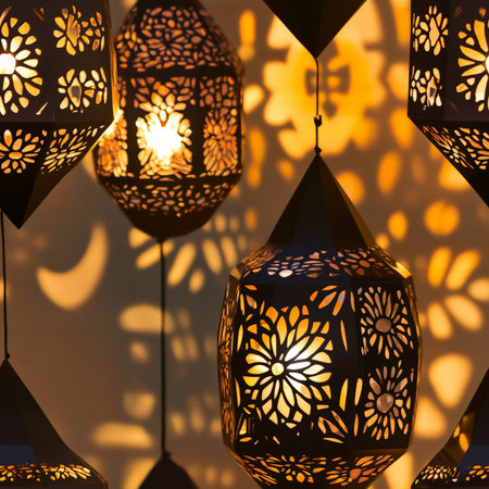 A Moroccan lantern pattern with intricate cut-out designs and flickering candlelightの素材