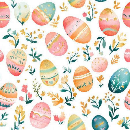 A colorful Easter egg pattern with pastel-painted eggs, delicate floral motifs, and golden accentsの素材