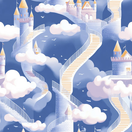 A dreamy hidden staircase pattern where kids find magical staircases that lead to fantasy castles in the cloudsの素材