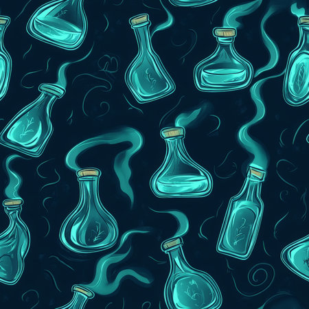 A creepy potion bottle pattern with glowing elixirs and eerie smoke effectsの素材