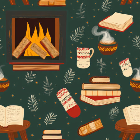 A cozy fireplace and knitted socks pattern with crackling logs, books, and steaming cocoaの素材