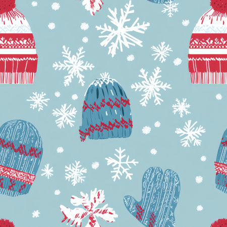 A festive winter hat and mitten pattern with knitted textures and snowflake embroideryの素材