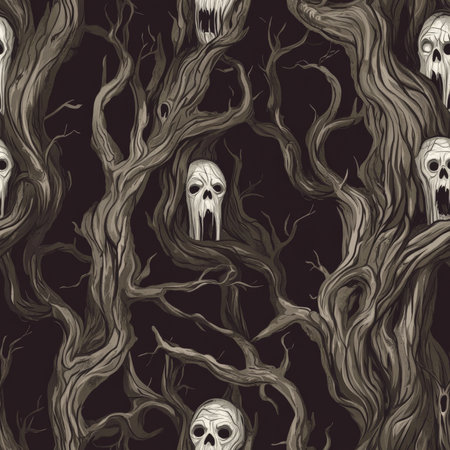 A haunted tree pattern with twisted branches and eerie faces hidden in the barkの素材