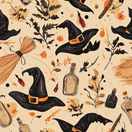 A whimsical witch pattern with flying broomsticks, pointy hats, and potion bottlesの素材