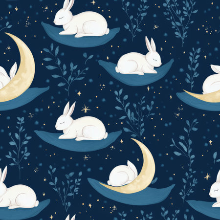 A dreamy moonlit bunny pattern with rabbits sleeping under a glowing crescent moonの素材
