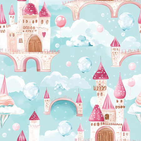 A whimsical fairy tale castle pattern featuring towers made of ice cream, bridges of candy, and floating magical bubblesの素材