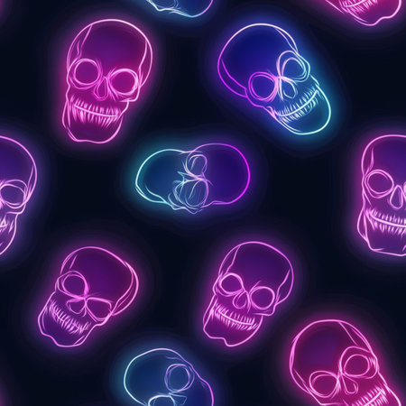 A scary glowing skull pattern with neon effects on a deep black backgroundの素材