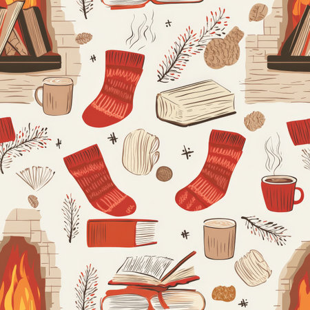 A cozy fireplace and knitted socks pattern with crackling logs, books, and steaming cocoaの素材