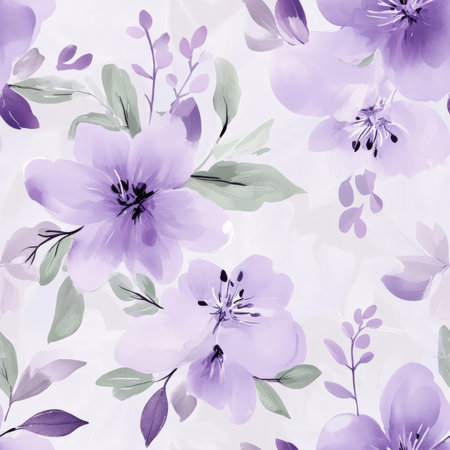 A lilac and lavender pattern with calming purple florals and soft green leavesの素材