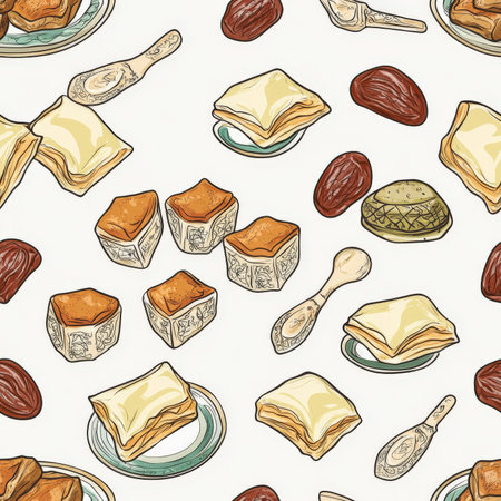 A festive Ramadan sweets pattern featuring baklava, dates, and Turkish delightsの素材