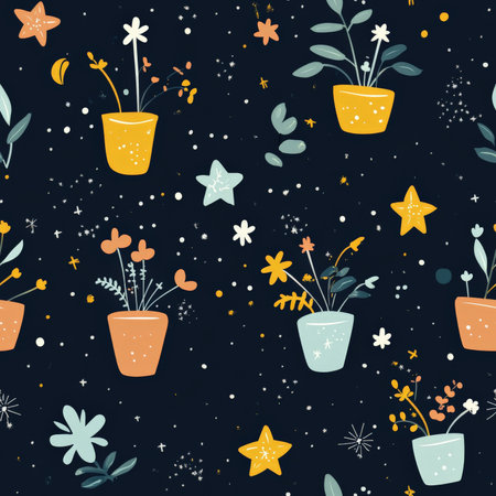 A cheerful star garden pattern where kids plant twinkling stars, growing constellations in a magical night skyの素材