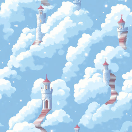 A fantasy cloud kingdom pattern where children build castles in the sky with fluffy walls and staircases of lightの素材