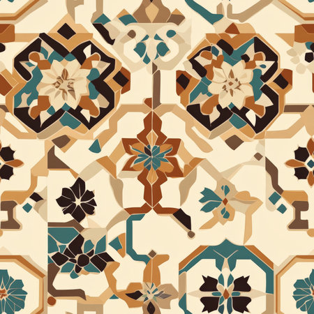 A traditional Islamic tile pattern with hexagons, stars, and floral ornaments in earthy colorsの素材